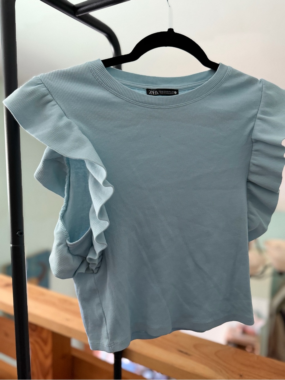 Zara Light Blue Ruffle Sleeve Ribbed Top - Picture 4 of 4